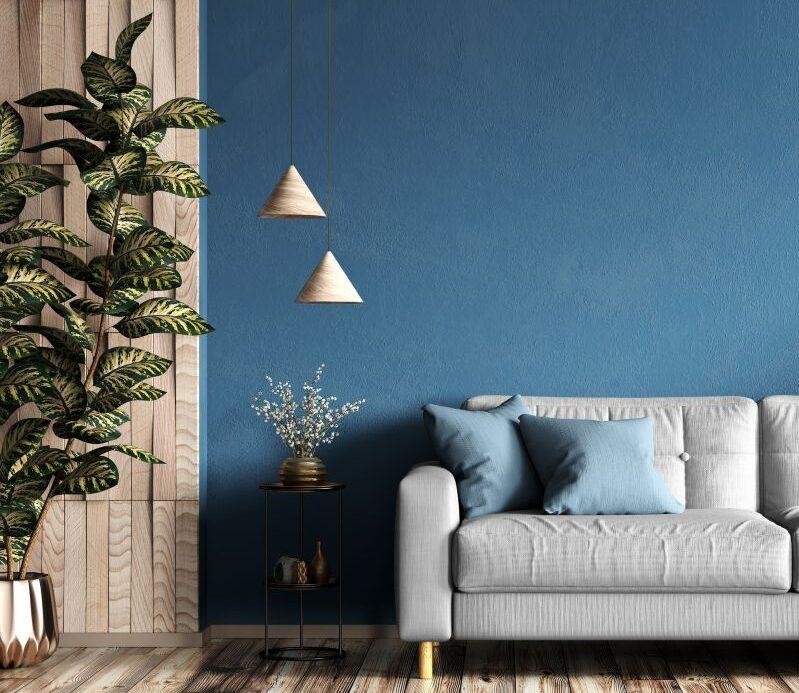 Modern living room with blue wall after paint preparation in Atlanta and Roswell, GA