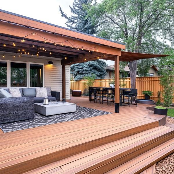 Dixon Painting's fresh stain on a home deck with twinkling fairy lights on the patio in Atlanta, GA